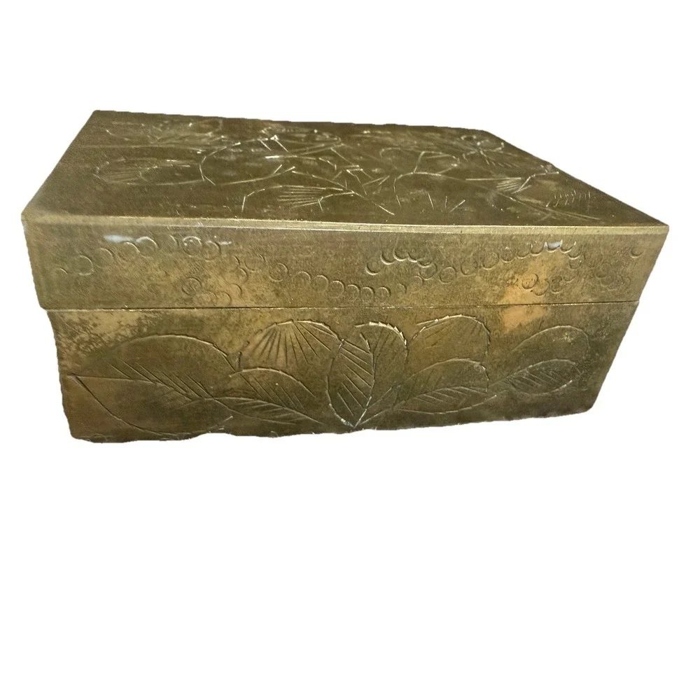 Brass Trinket Box Wood Lined in metal‎ decorative Chinese writing 3.25
